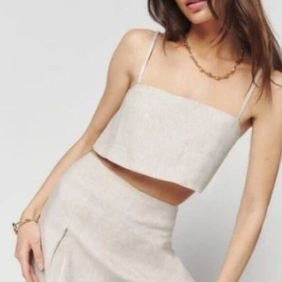 Reformation Beige Cleo Linen Sleeveless Crop Top Size 12 - Picture 1 of 7
